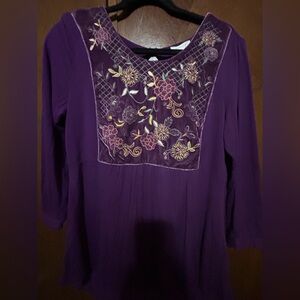 Embroidered Purple velvet accent Women's 3/4 sleeve top blouse size S